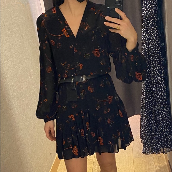 The Kooples Short printed dress with buttoned front black w/red flowers, size S - Picture 1 of 8